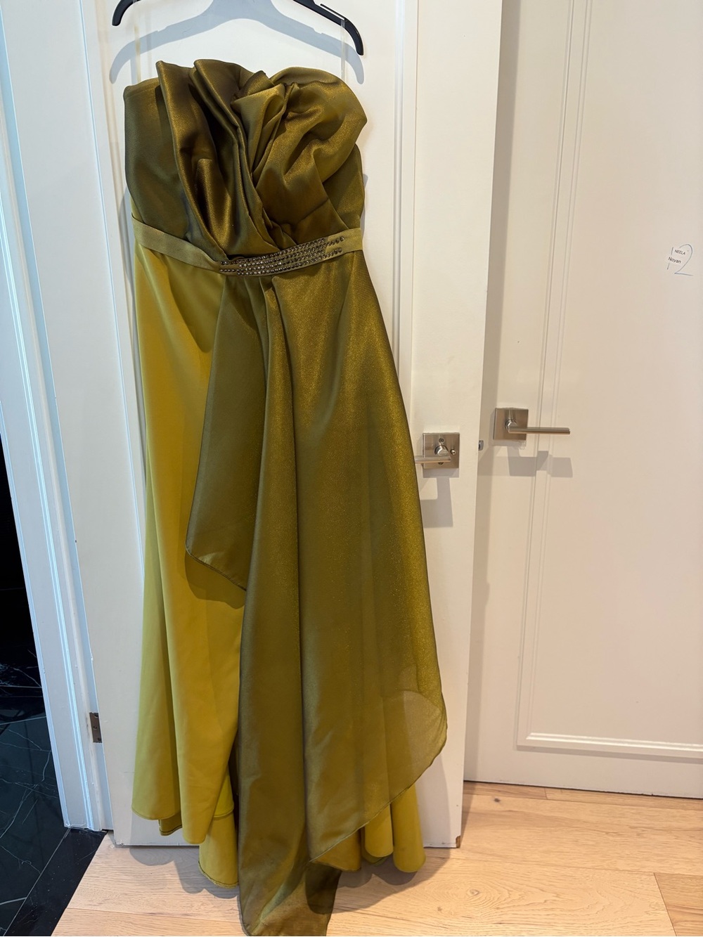 Olive Green Strapless Evening Gown